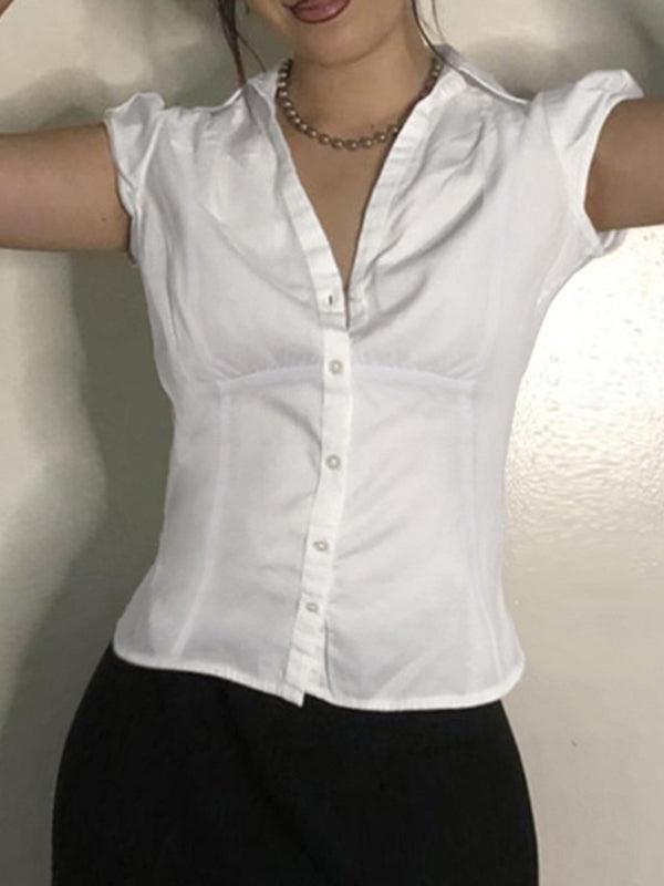 Dena | Women's Turn Down Collar Short Sleeve White Shirt