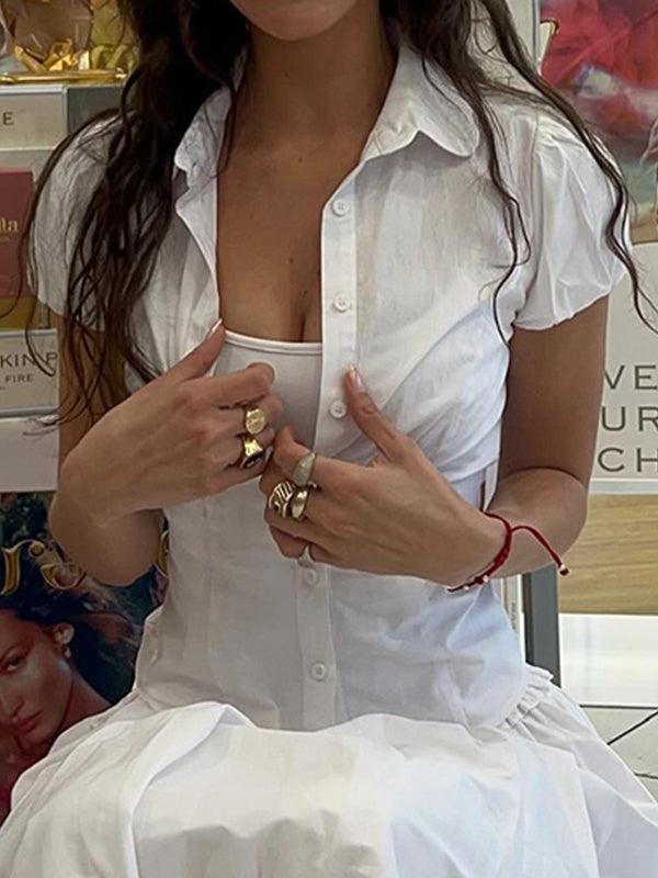 Dena | Women's Turn Down Collar Short Sleeve White Shirt