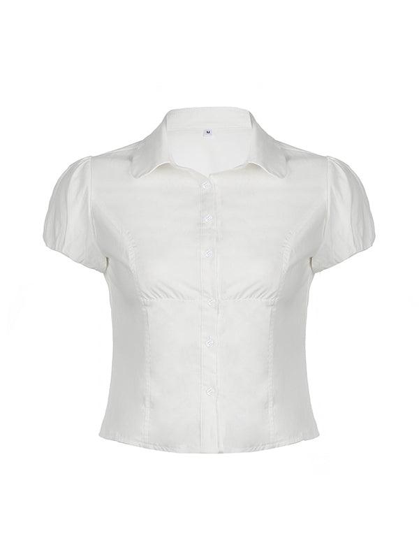Dena | Women's Turn Down Collar Short Sleeve White Shirt