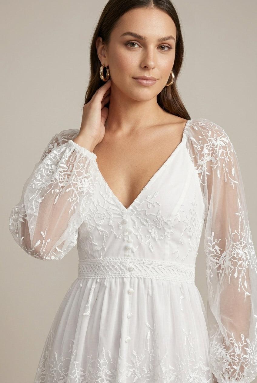 Women's V-Neck Long Sleeve Embroidered Lace Tiered Maxi Dress