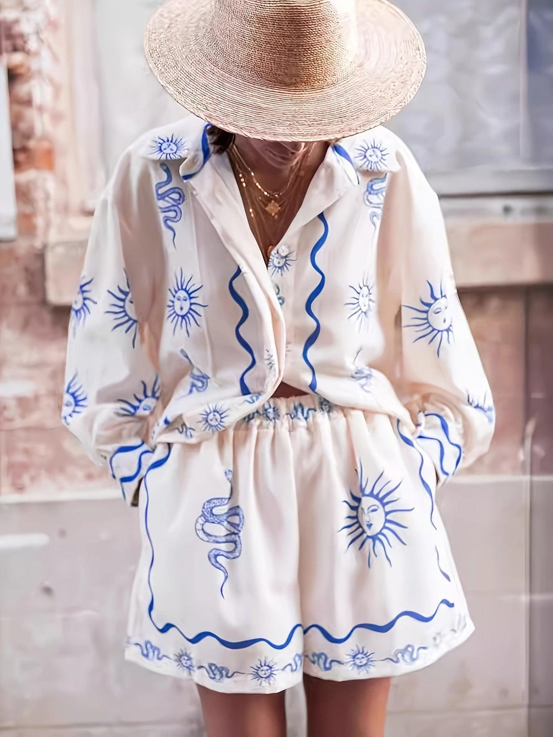 Women’s Printed Two-Piece Shirt and Shorts Set – Sun Motif Summer Co-Ord
