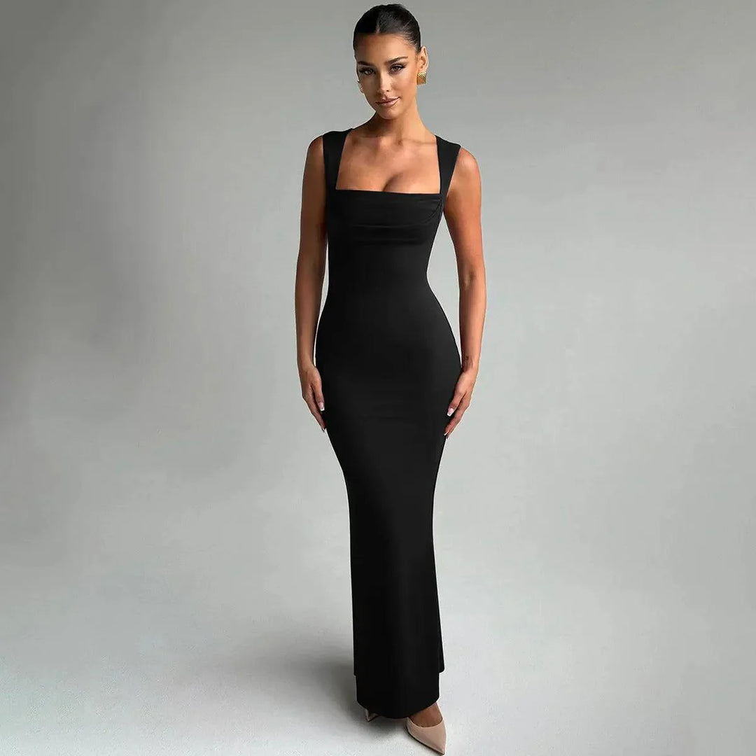 Women's Square Neck Bodycon Maxi Dress - Draped Bodice Detail with Wide Shoulder Straps and Scoop Back