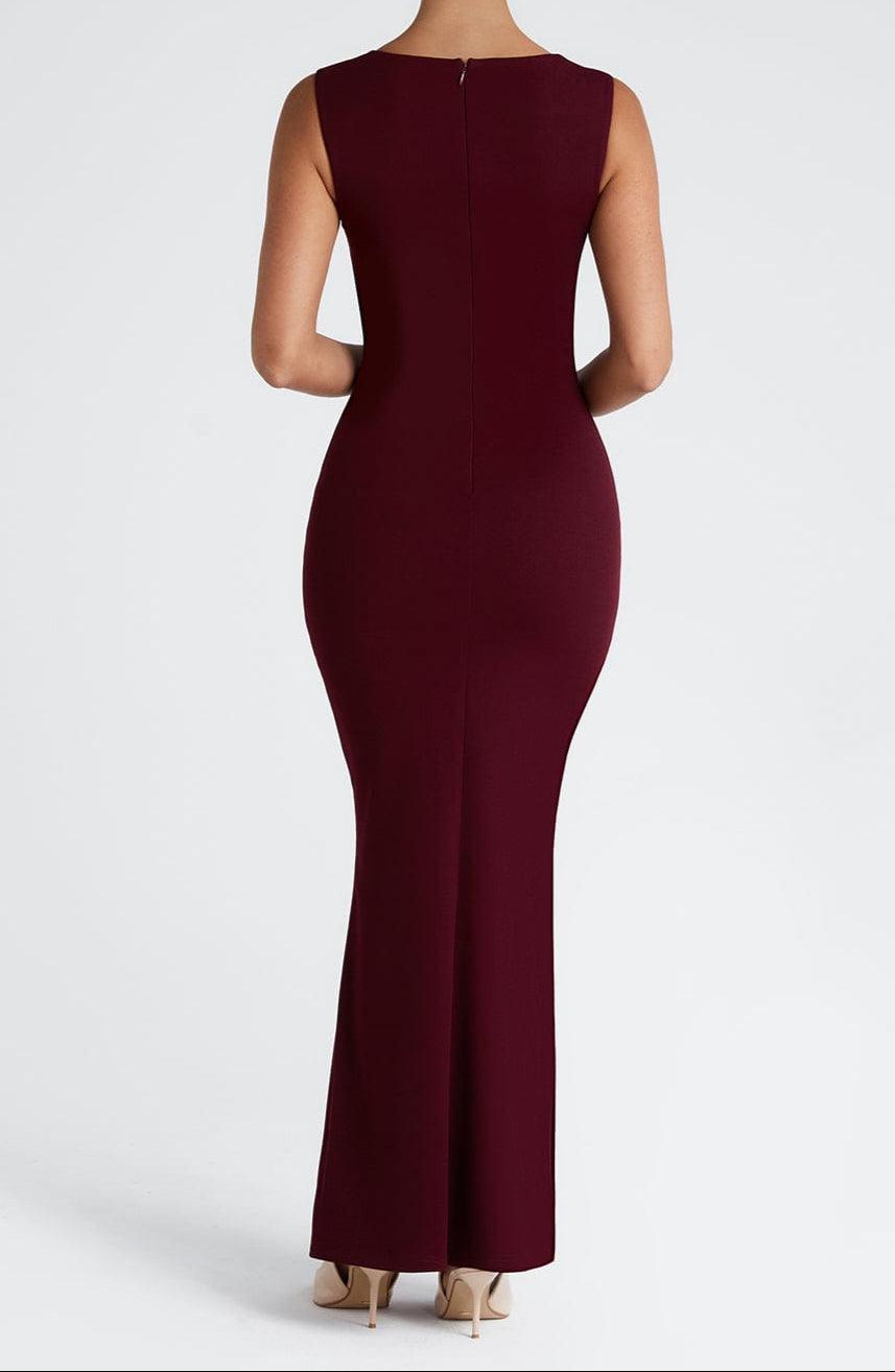 Women's Square Neck Bodycon Maxi Dress - Draped Bodice Detail with Wide Shoulder Straps and Scoop Back