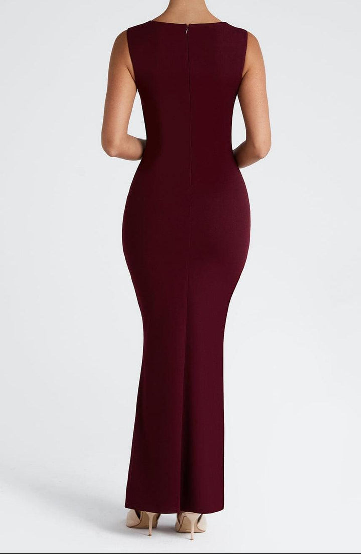 Women's Square Neck Bodycon Maxi Dress - Draped Bodice Detail with Wide Shoulder Straps and Scoop Back