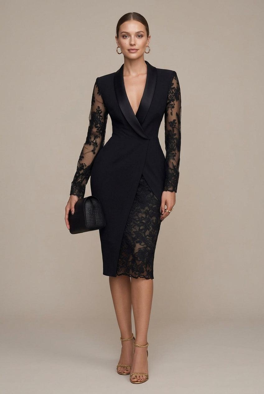 Women's Black Blazer Midi Dress - Shawl Collar Long Sleeve - Lace