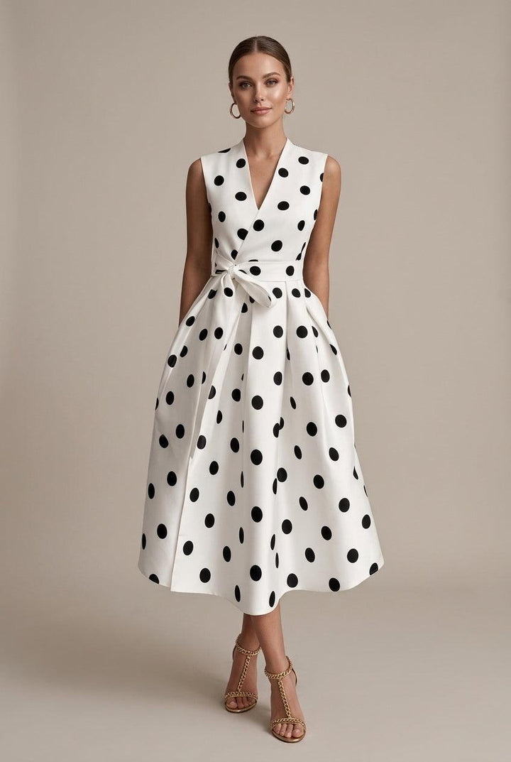 Women's Polka Dot V-Neck Sleeveless Tie Waist Midi Dress
