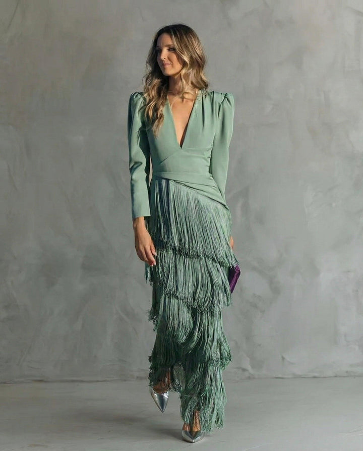 Women's Fringe Maxi Dress - Deep V-Neck - Puff Sleeve