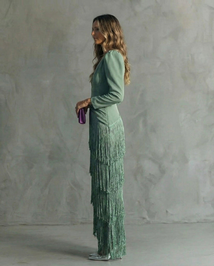 Women's Fringe Maxi Dress - Deep V-Neck - Puff Sleeve
