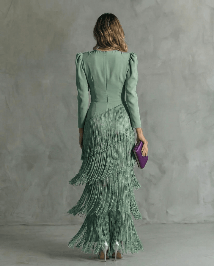 Women's Fringe Maxi Dress - Deep V-Neck - Puff Sleeve
