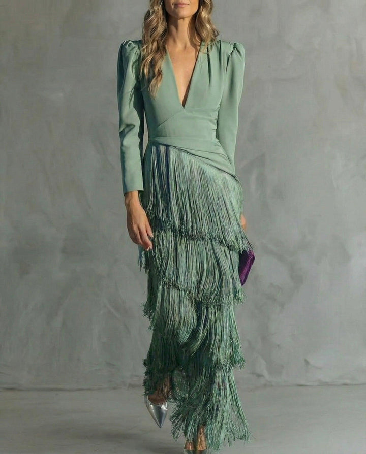 Women's Fringe Maxi Dress - Deep V-Neck - Puff Sleeve
