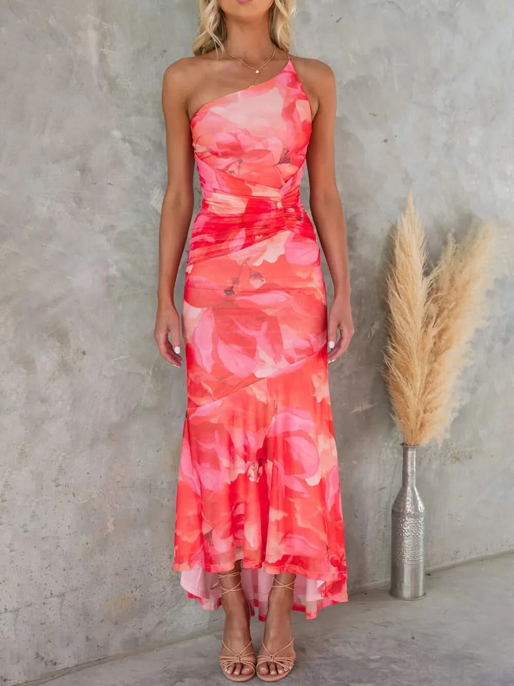 Women's Wedding Guest Floral One Shoulder Maxi Dress
