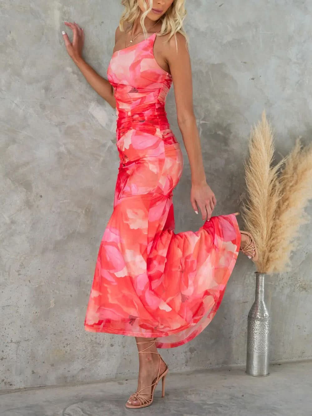 Women's Wedding Guest Floral One Shoulder Maxi Dress