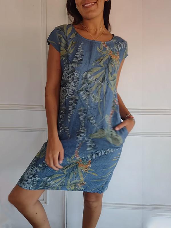 Isla | Women’s Casual Leaf Print Midi Summer Dress with Patch Pockets