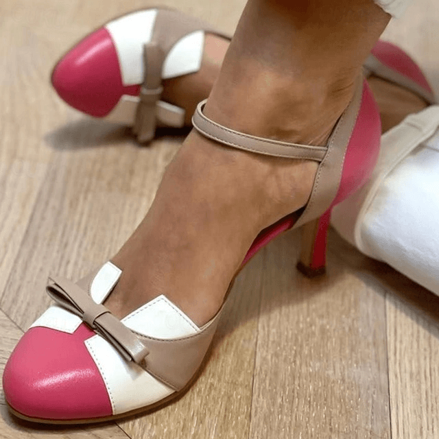 Women’s Pink and White Bow Heels – Ankle Strap Closed Toe Pumps for Wedding Guest Party Occasion