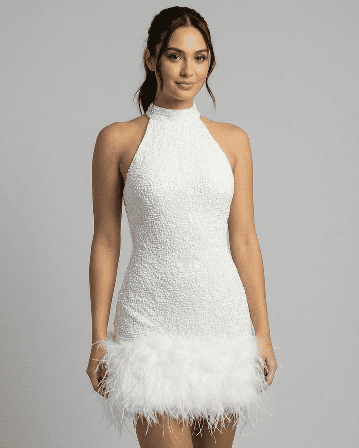 Women's Beaded Halter Mini Dress - Feather Trim Hem - Sleeveless