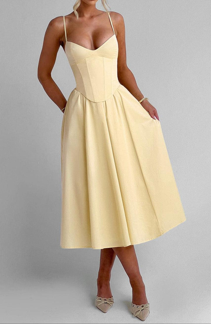 Women's Yellow A-Line Midi Dress - Structured Corset Bodice with Sweetheart Neckline and Side Pockets