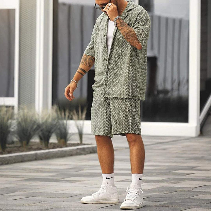 Men's Chevron Pattern Green Shirt and Drawstring Shorts Set