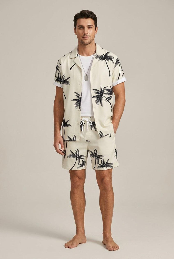 Men's Tropical Palm Print Button Shirt and Shorts Set
