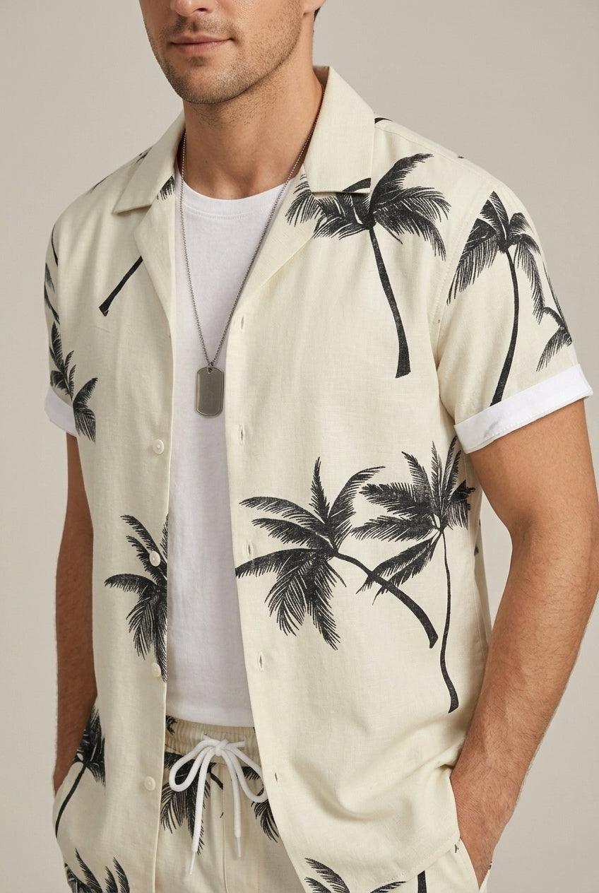 Men's Tropical Palm Print Button Shirt and Shorts Set