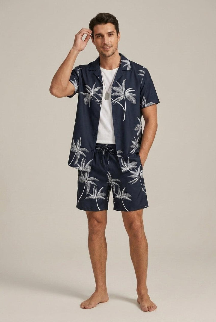 Men's Tropical Palm Print Button Shirt and Shorts Set