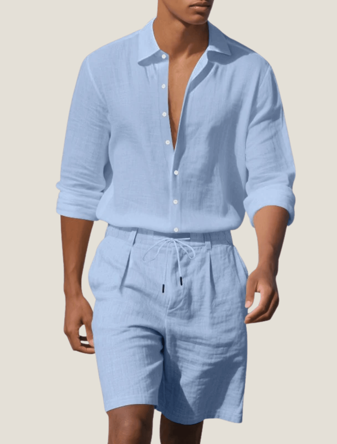 Men's Woven Linen Long Sleeve Beach Shirt and Shorts Set