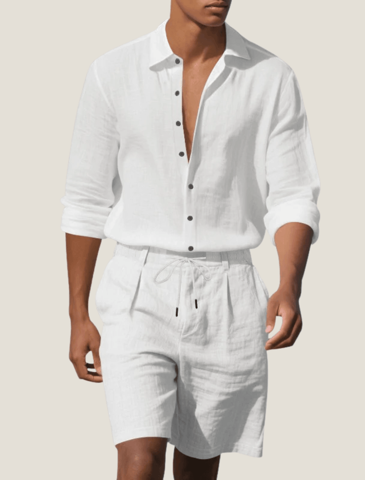 Men's Woven Linen Long Sleeve Beach Shirt and Shorts Set