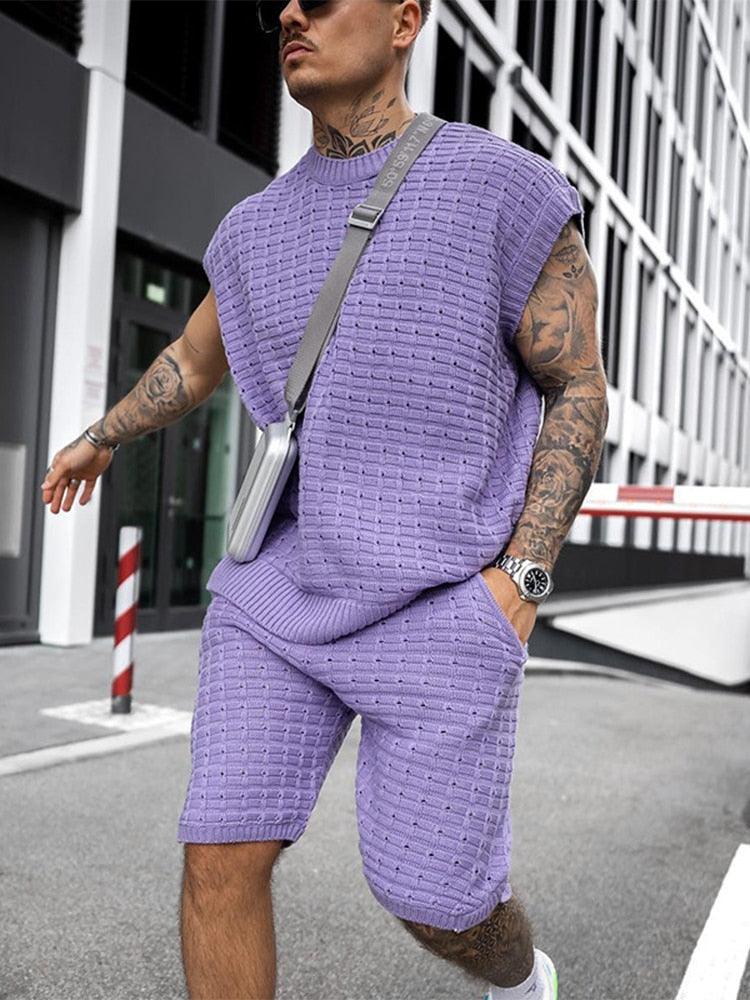 Men's Knit Sleeveless Crew Neck Top and Elasticated Shorts Set