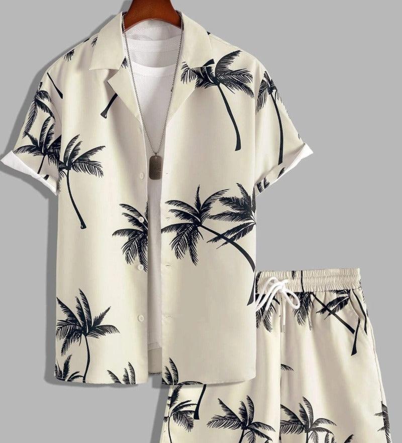 Men's Tropical Palm Print Short Sleeve Shirt and Shorts Set