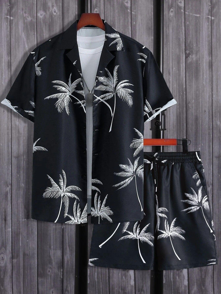 Men's Tropical Palm Print Short Sleeve Shirt and Shorts Set