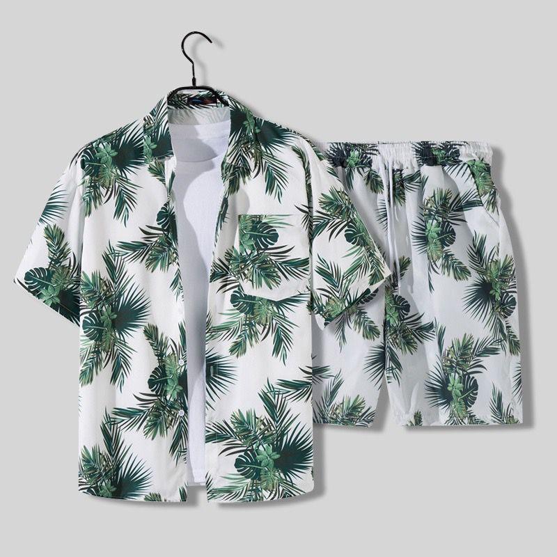 Men's Tropical Palm Print Short Sleeve Shirt and Shorts Set