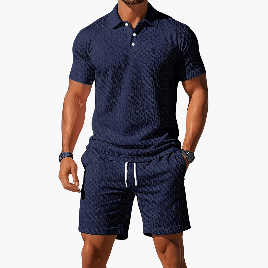 James | Men’s Casual Polo Shirt Shorts Two Piece Set with Drawstring