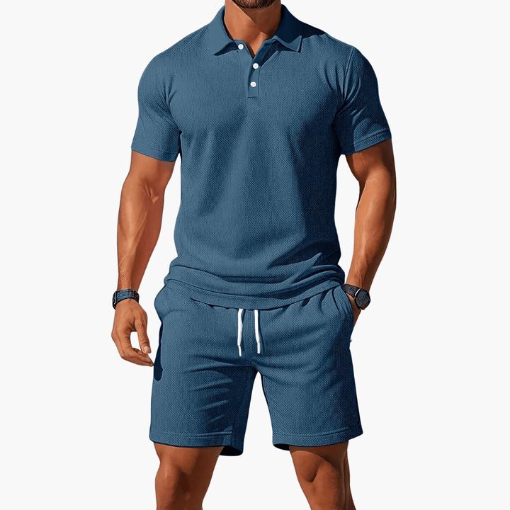 James | Men’s Casual Polo Shirt Shorts Two Piece Set with Drawstring