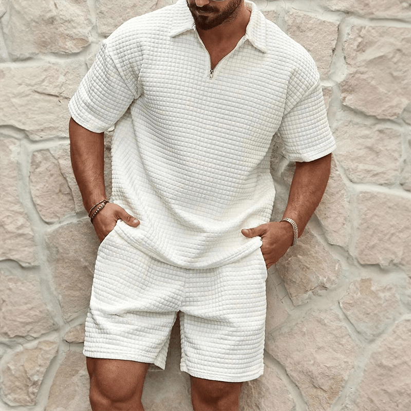 Men's Knit Quarter Zip Polo Top and Shorts Set