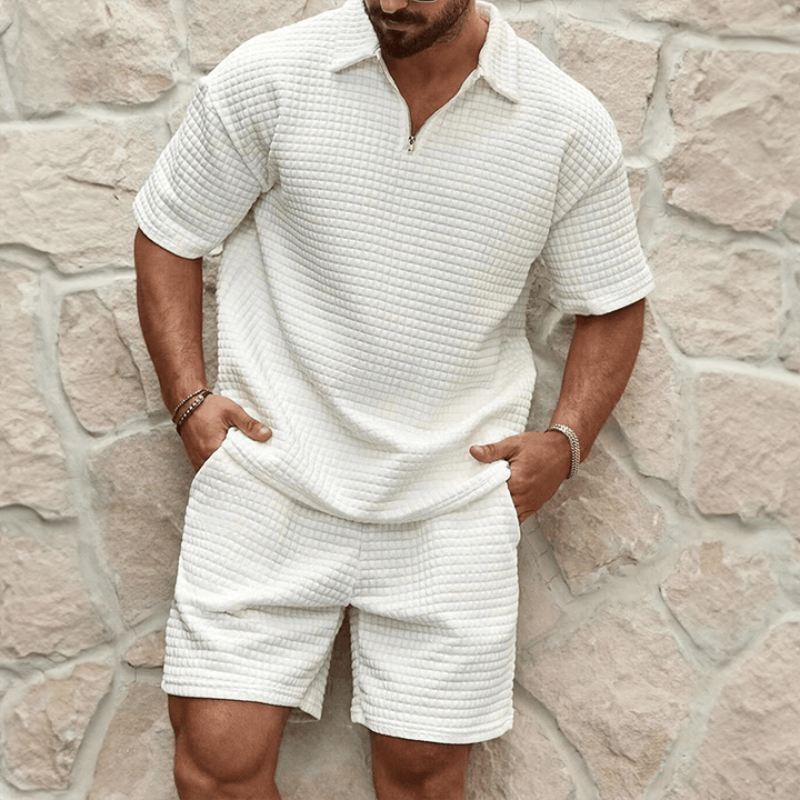 Men's Knit Quarter Zip Polo Top and Shorts Set