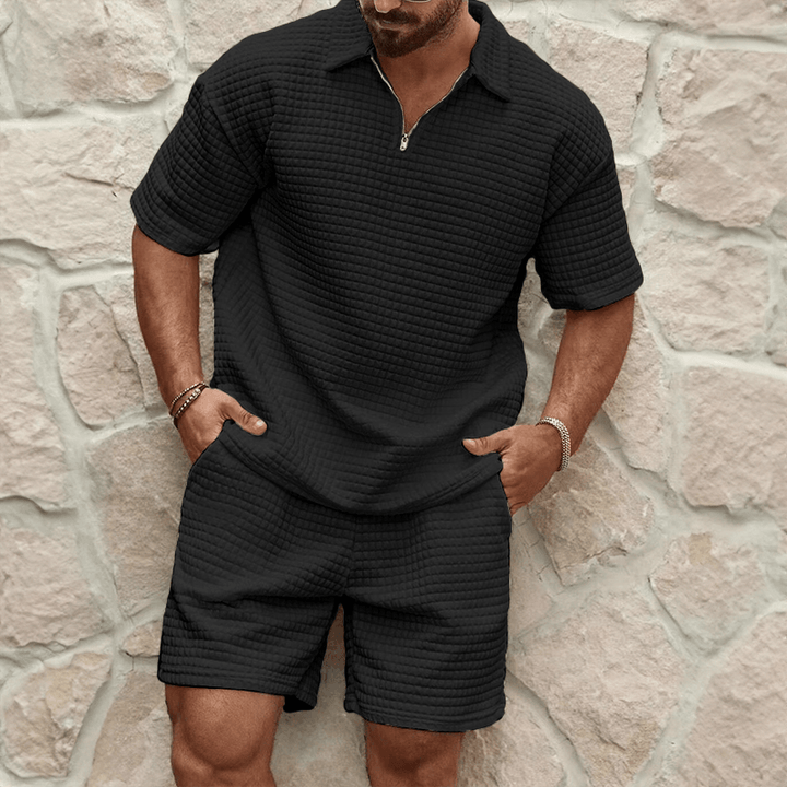 Men's Knit Quarter Zip Polo Top and Shorts Set