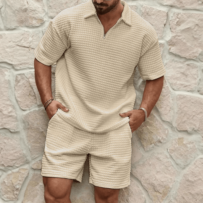 Men's Knit Quarter Zip Polo Top and Shorts Set