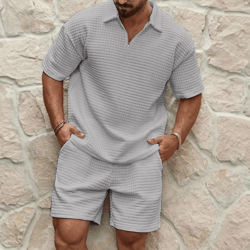 Men's Knit Quarter Zip Polo Top and Shorts Set