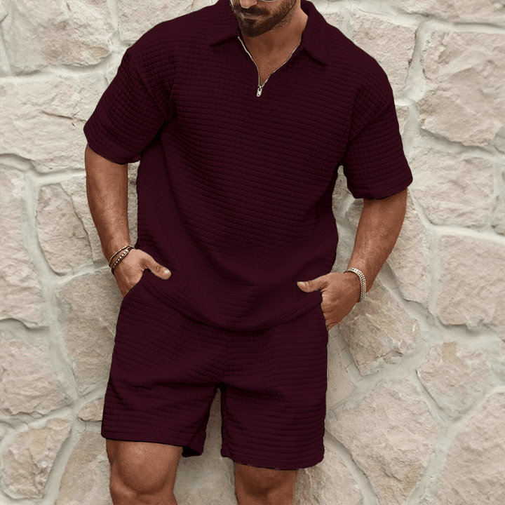 Men's Knit Quarter Zip Polo Top and Shorts Set