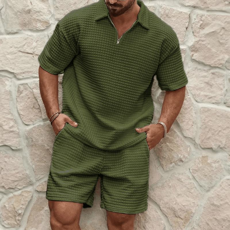 Men's Knit Quarter Zip Polo Top and Shorts Set
