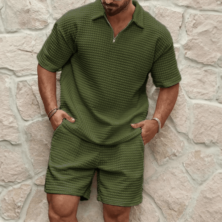 Men's Knit Quarter Zip Polo Top and Shorts Set