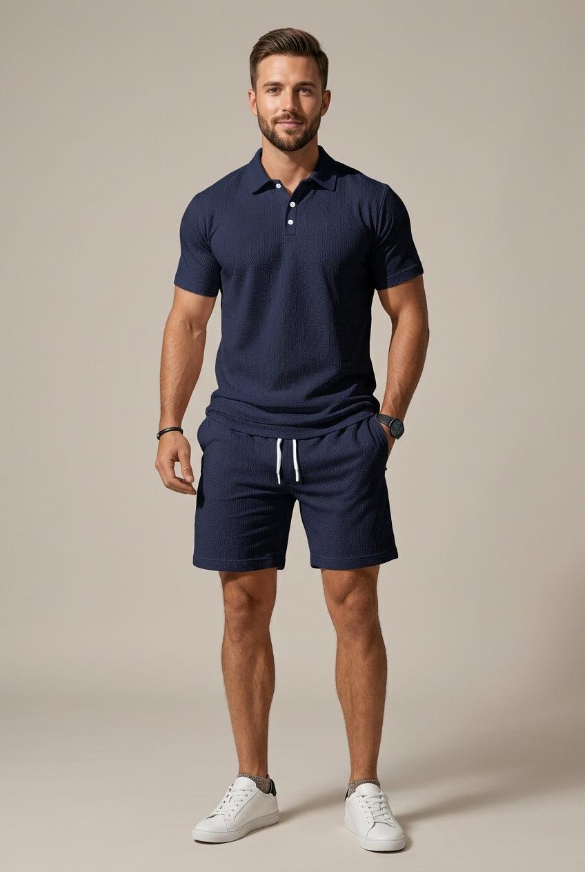 Men's Textured Polo Shirt and Drawstring Shorts Set