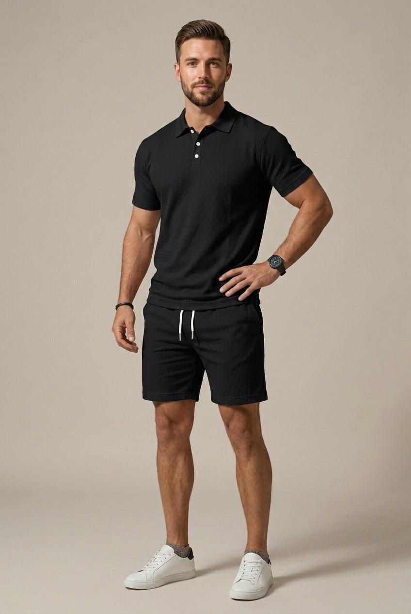 Men's Textured Polo Shirt and Drawstring Shorts Set