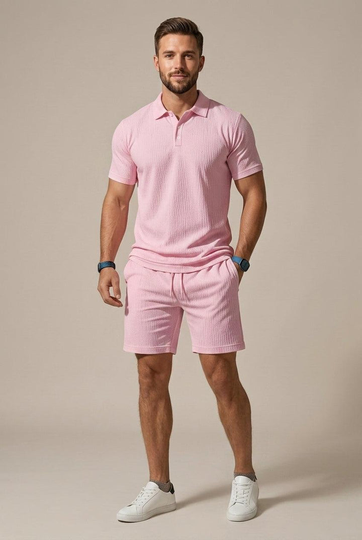 Men's Textured Polo Shirt and Drawstring Shorts Set