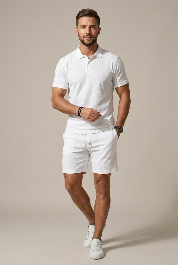 Men's Textured Polo Shirt and Drawstring Shorts Set