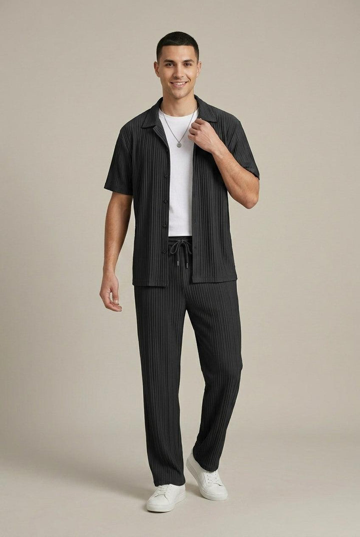 Men's Striped Texture Shirt and Drawstring Trousers Set
