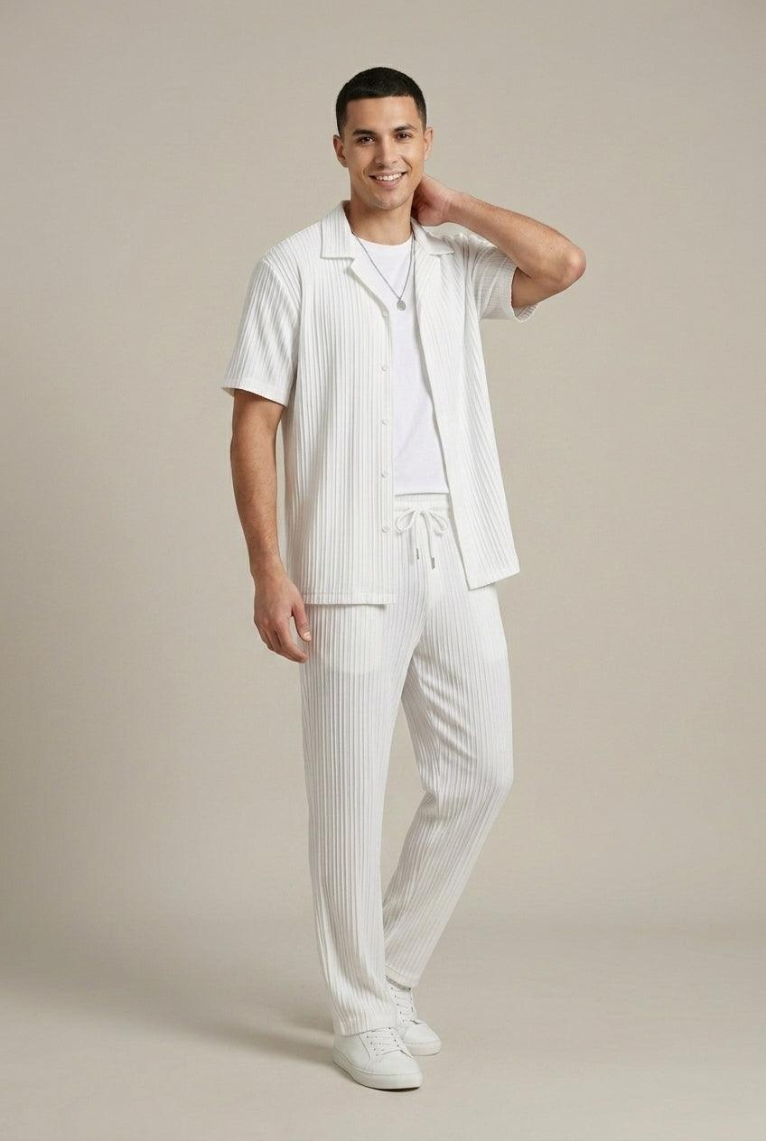 Men's Striped Texture Shirt and Drawstring Trousers Set
