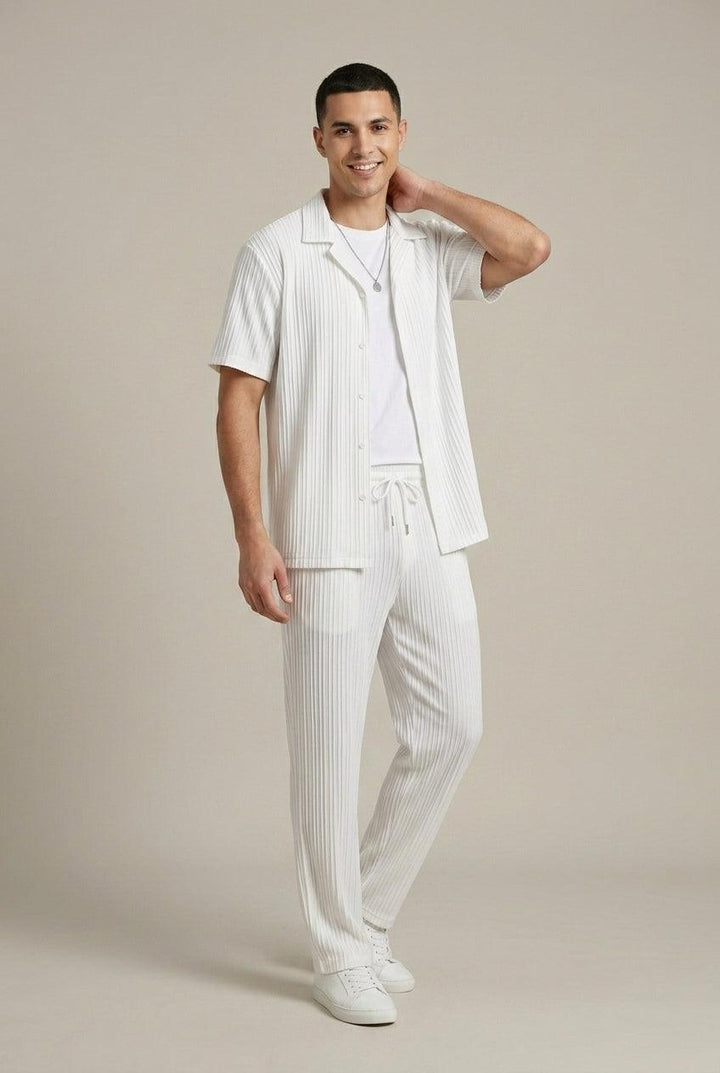Men's Striped Texture Shirt and Drawstring Trousers Set