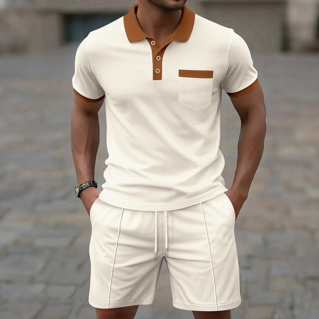 Men's Waffle Texture Contrast Trim Polo and Shorts Set