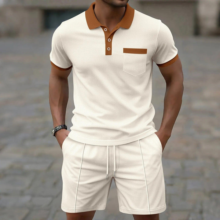 Men's Waffle Texture Contrast Trim Polo and Shorts Set