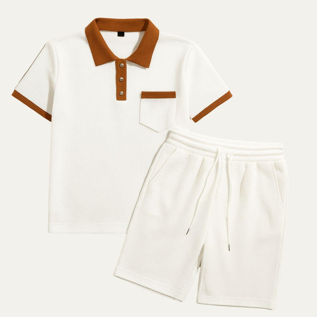 Men's Waffle Texture Contrast Trim Polo and Shorts Set
